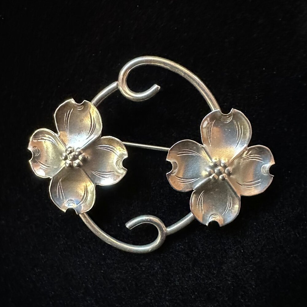 Vintage Sterling Double Dogwood Flower Brooch by Stuart Nye